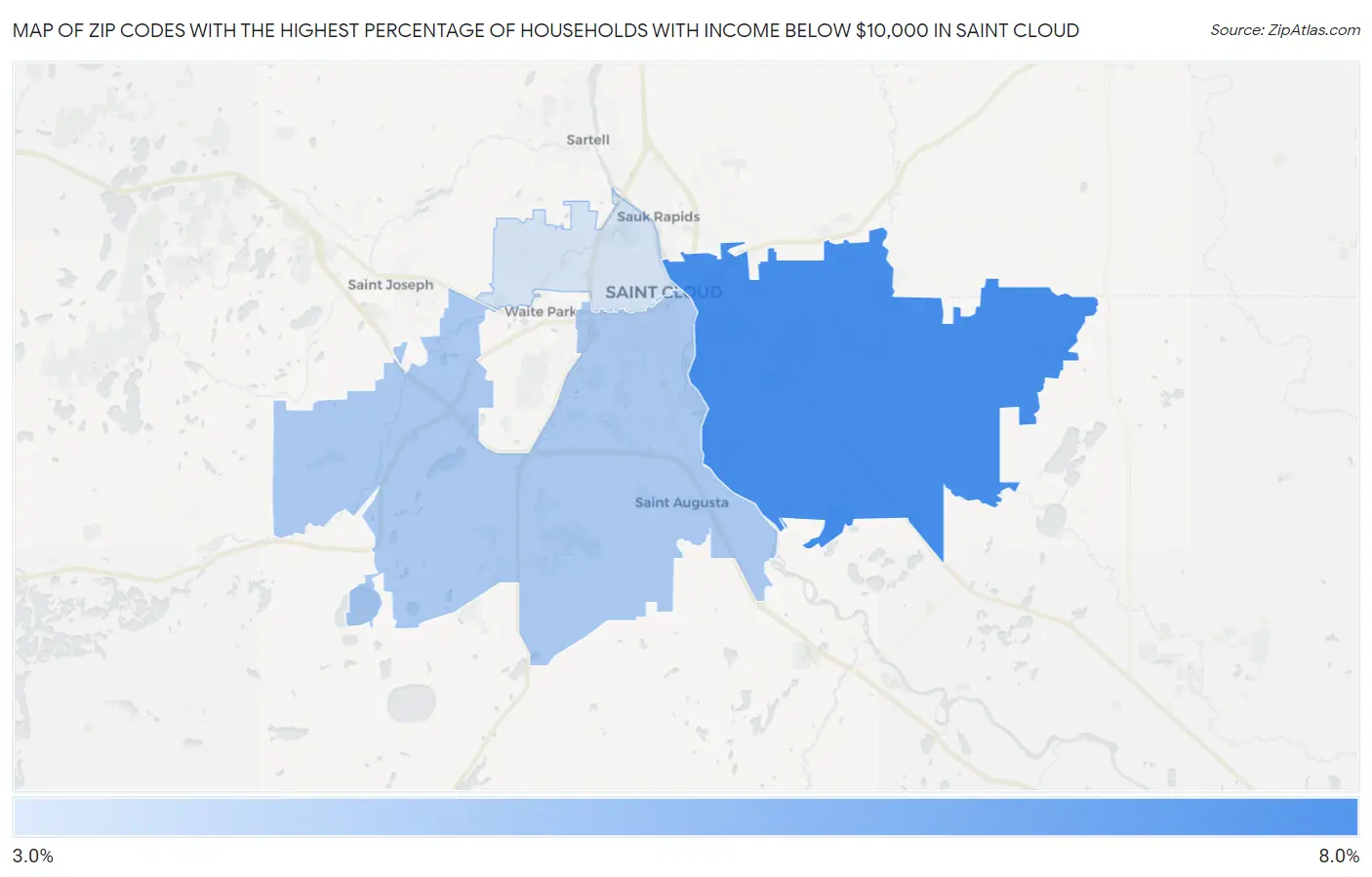 Zip Codes with the Highest Percentage of Households with Income Below $10,000 in Saint Cloud Map
