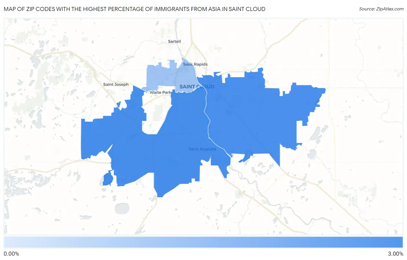 Zip Codes with the Highest Percentage of Immigrants from Asia in Saint Cloud Map