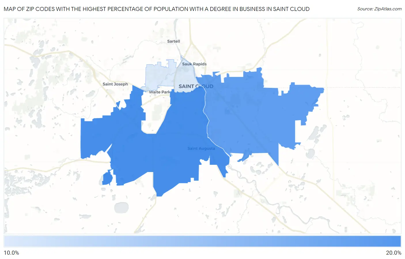 Zip Codes with the Highest Percentage of Population with a Degree in Business in Saint Cloud Map