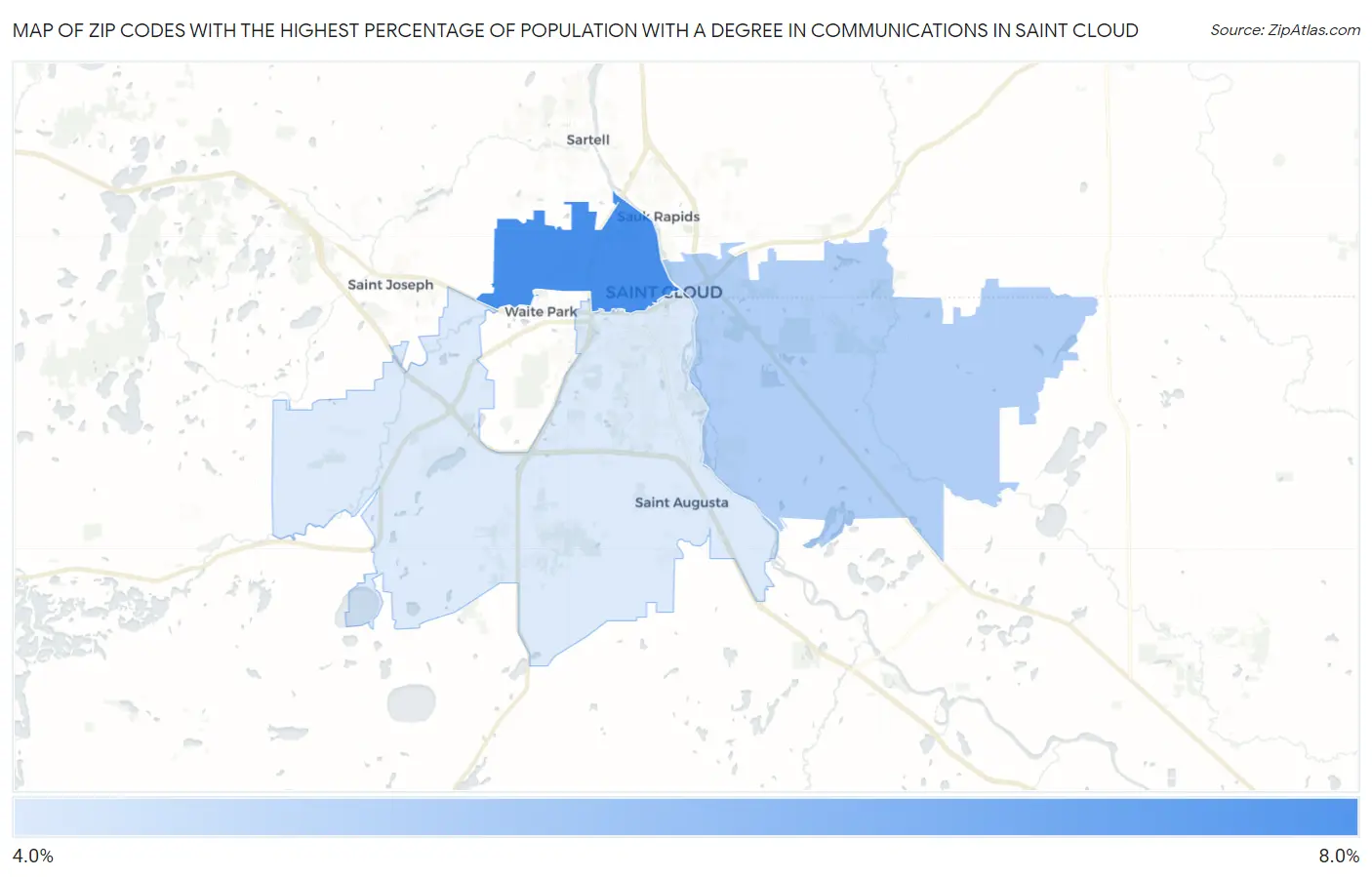 Zip Codes with the Highest Percentage of Population with a Degree in Communications in Saint Cloud Map