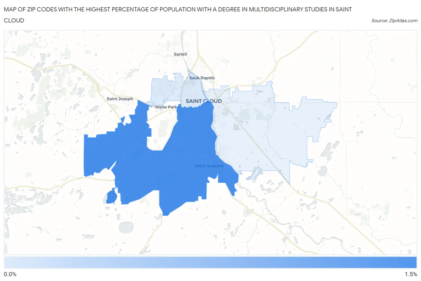 Zip Codes with the Highest Percentage of Population with a Degree in Multidisciplinary Studies in Saint Cloud Map