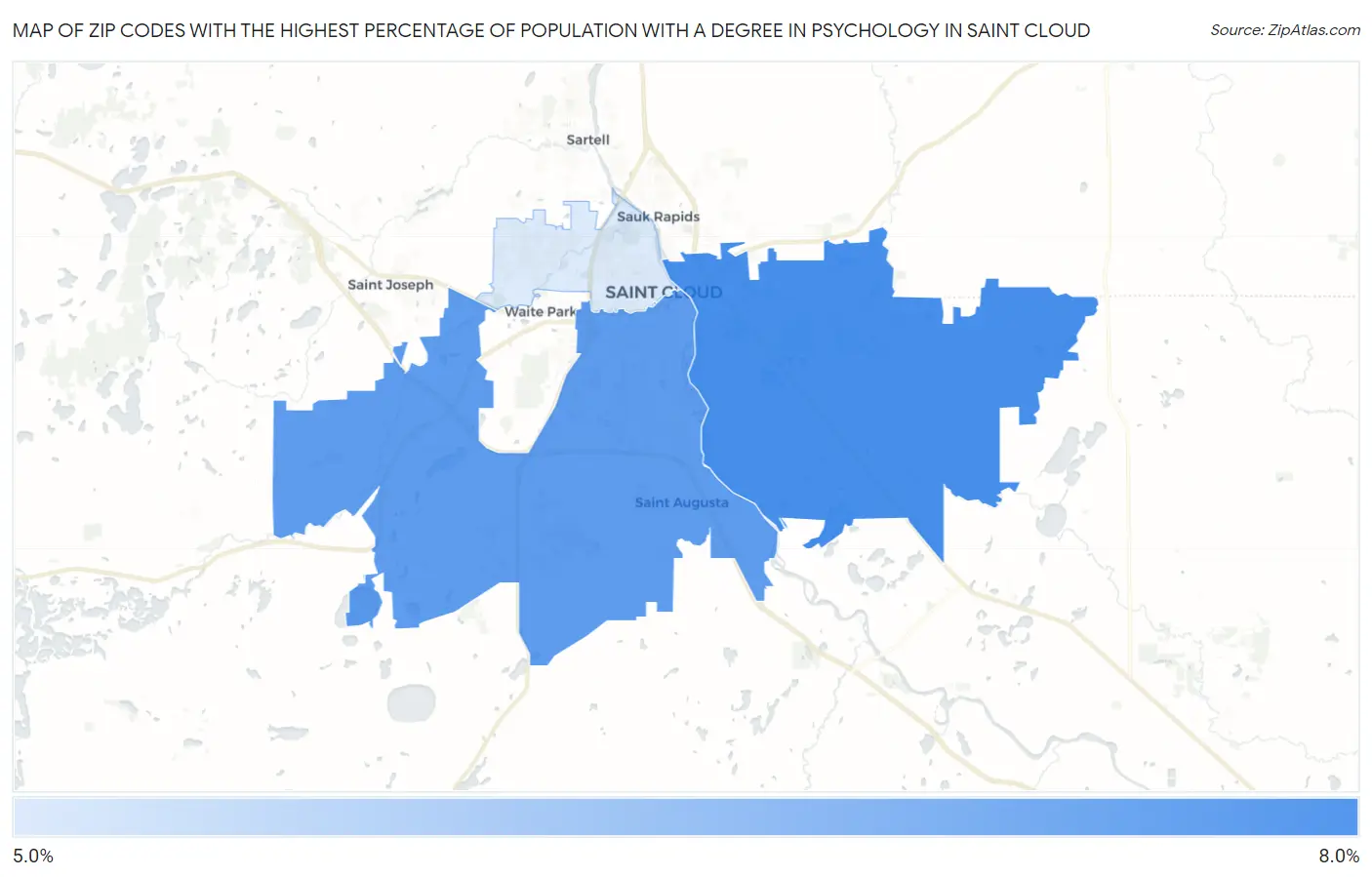 Zip Codes with the Highest Percentage of Population with a Degree in Psychology in Saint Cloud Map