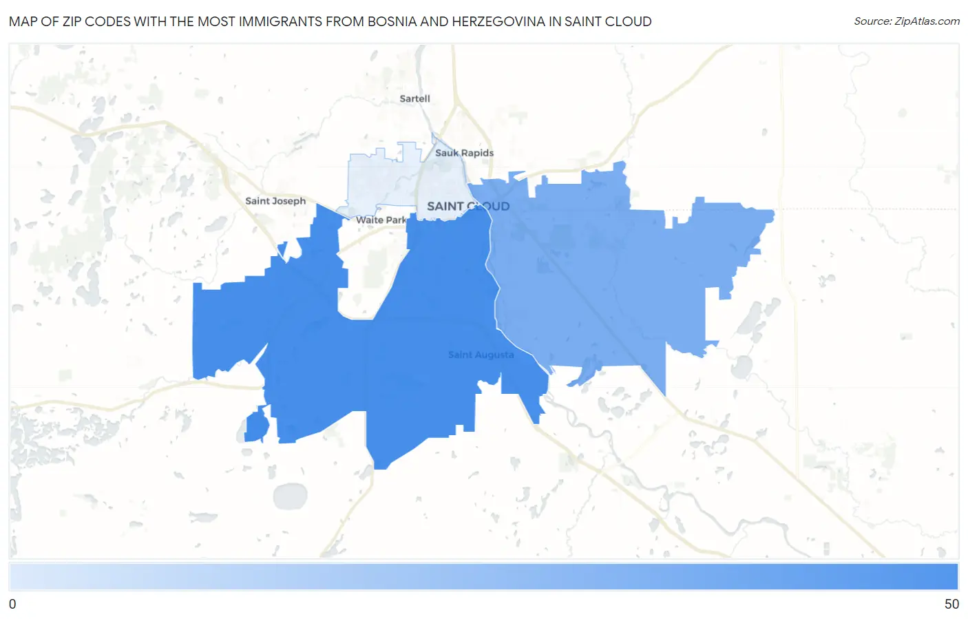 Zip Codes with the Most Immigrants from Bosnia and Herzegovina in Saint Cloud Map