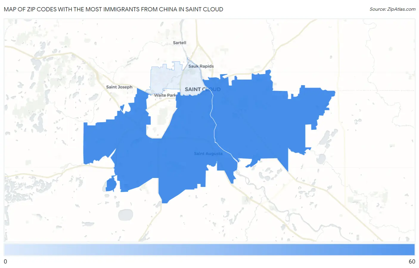Zip Codes with the Most Immigrants from China in Saint Cloud Map
