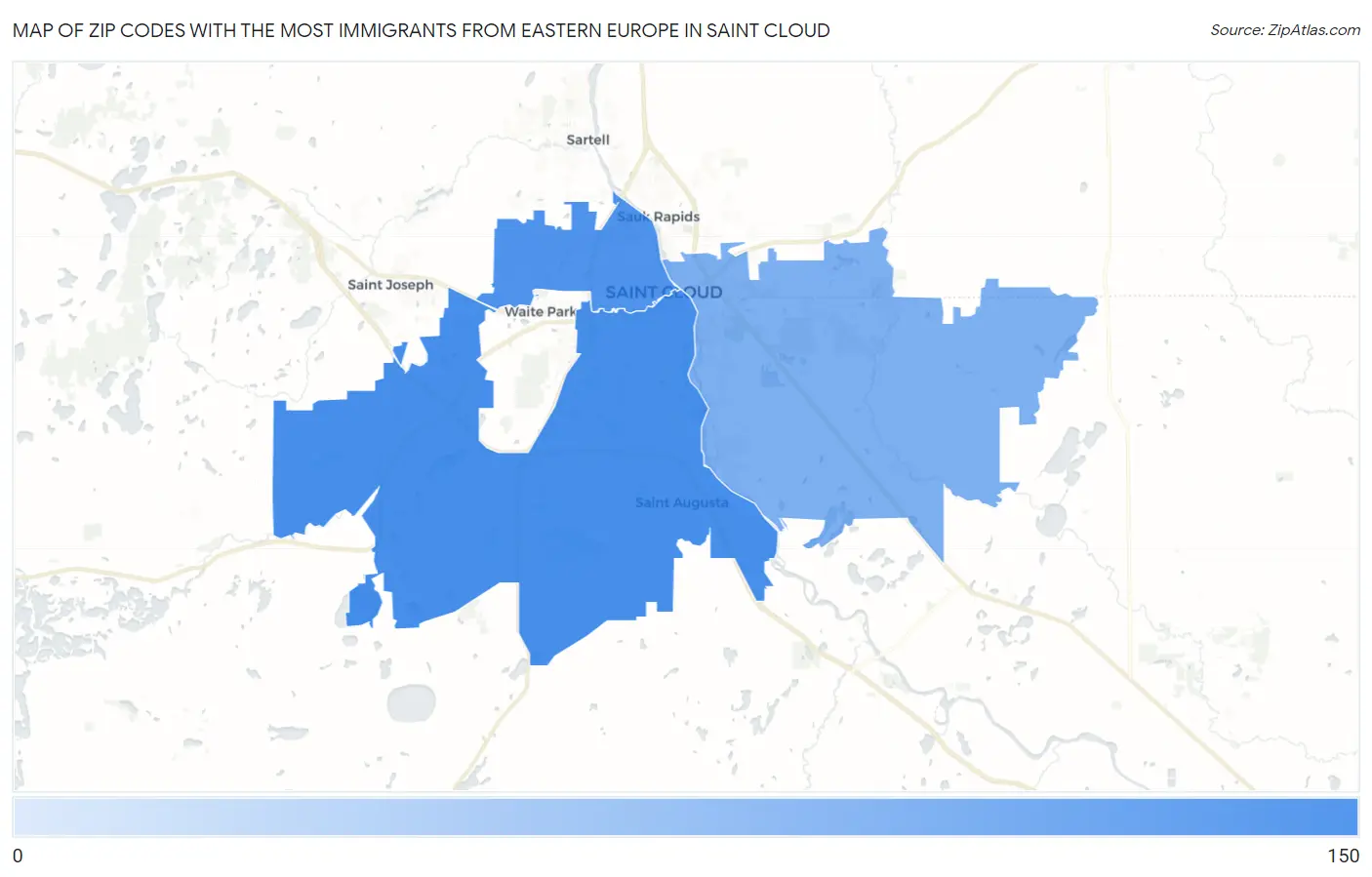 Zip Codes with the Most Immigrants from Eastern Europe in Saint Cloud Map