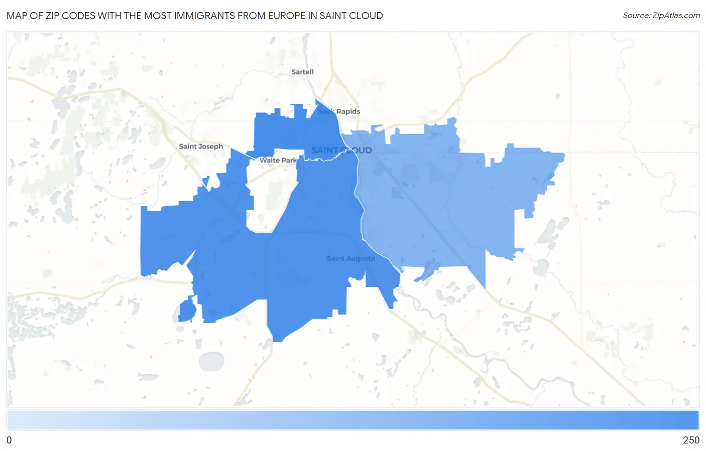 Zip Codes with the Most Immigrants from Europe in Saint Cloud Map