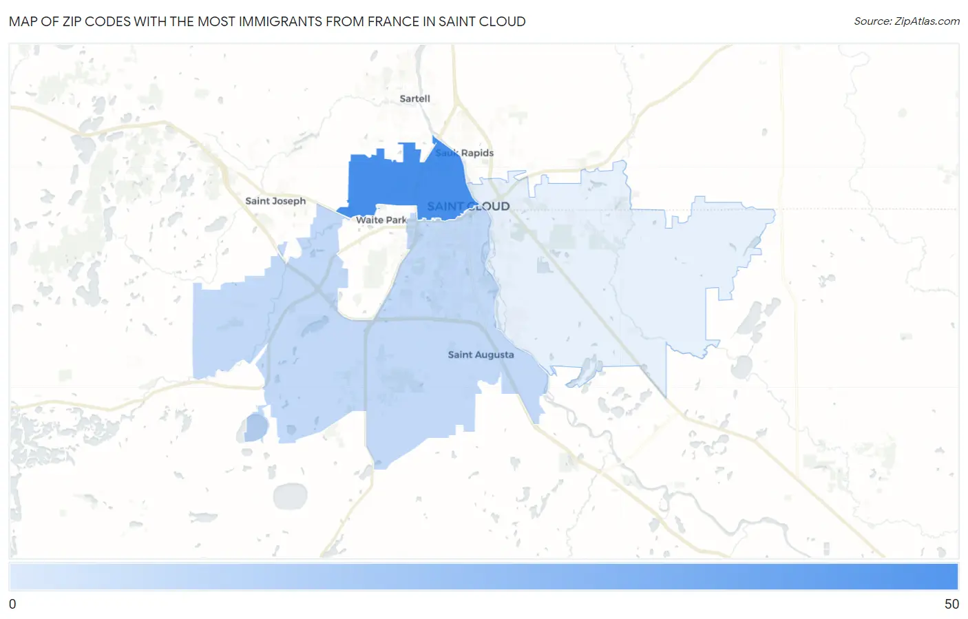 Zip Codes with the Most Immigrants from France in Saint Cloud Map