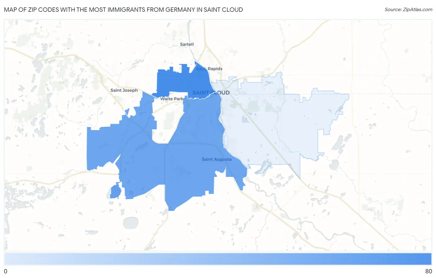 Zip Codes with the Most Immigrants from Germany in Saint Cloud Map