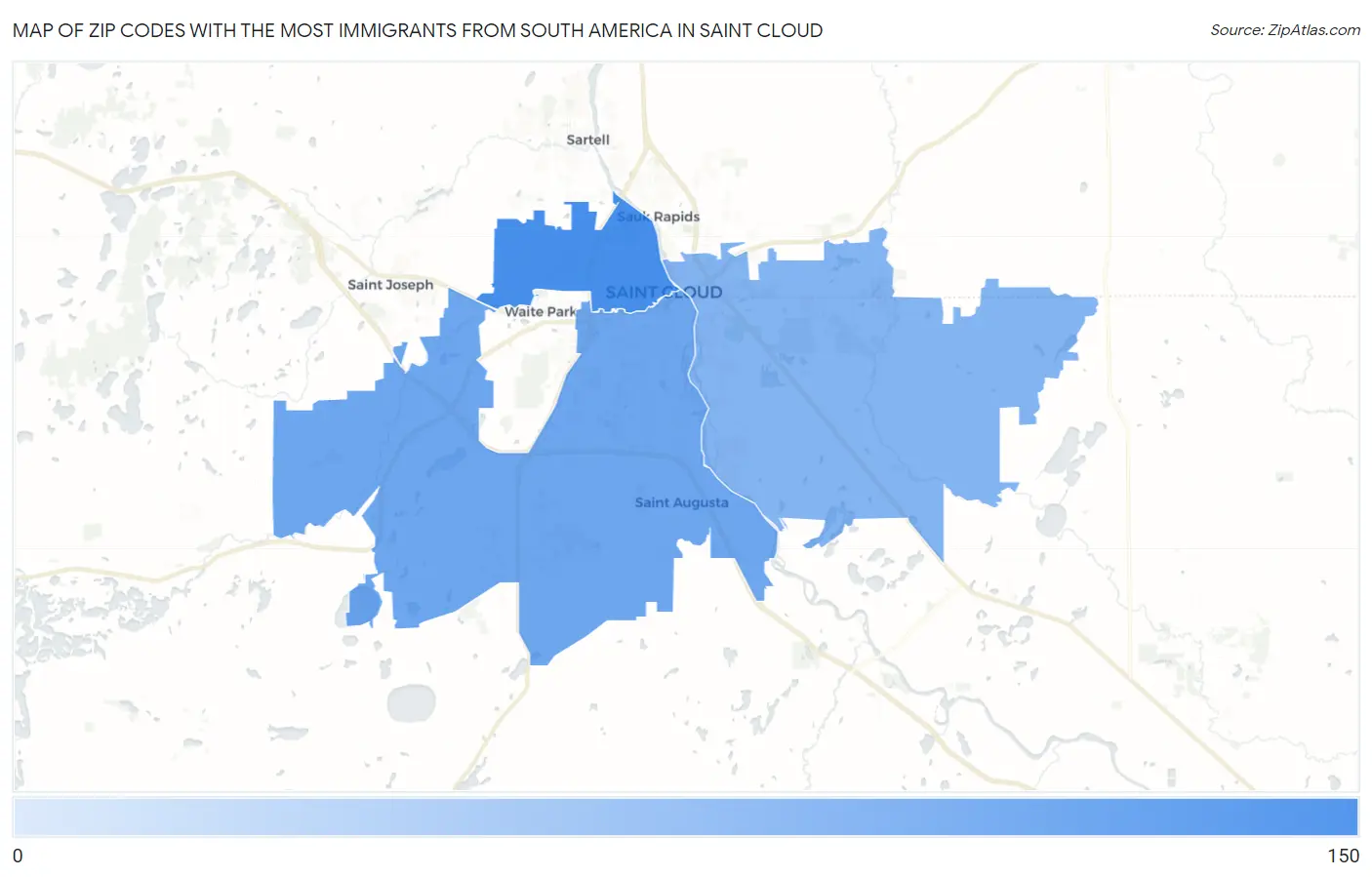 Zip Codes with the Most Immigrants from South America in Saint Cloud Map