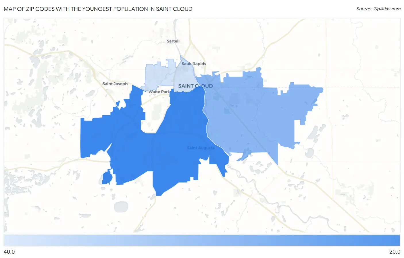 Zip Codes with the Youngest Population in Saint Cloud Map