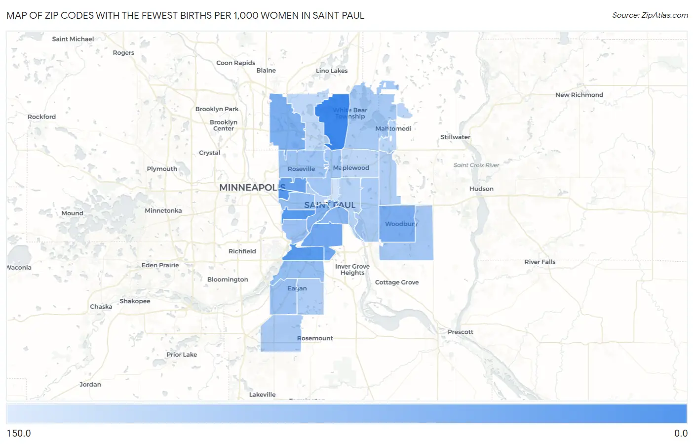 Zip Codes with the Fewest Births per 1,000 Women in Saint Paul Map