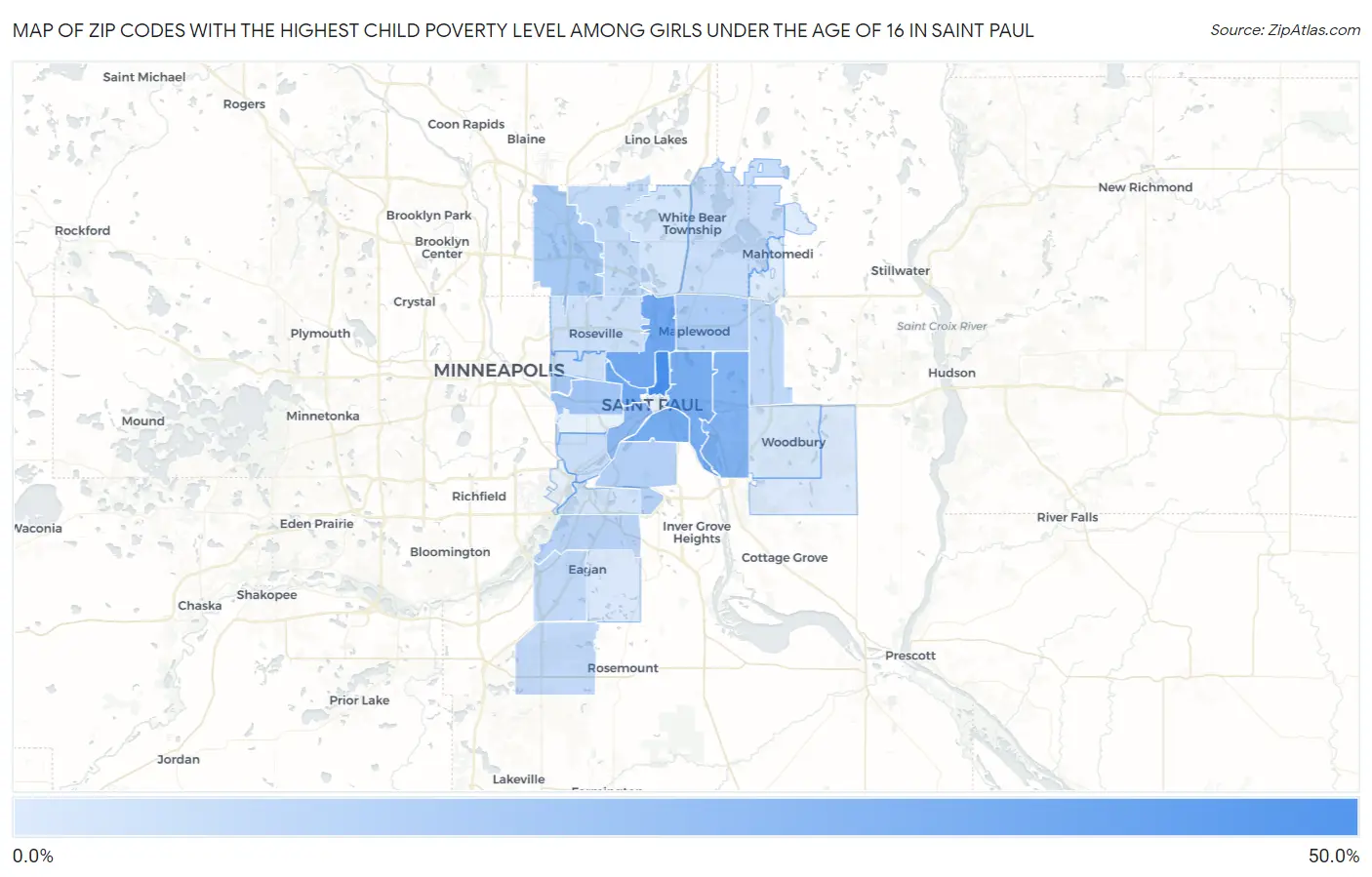 Zip Codes with the Highest Child Poverty Level Among Girls Under the Age of 16 in Saint Paul Map