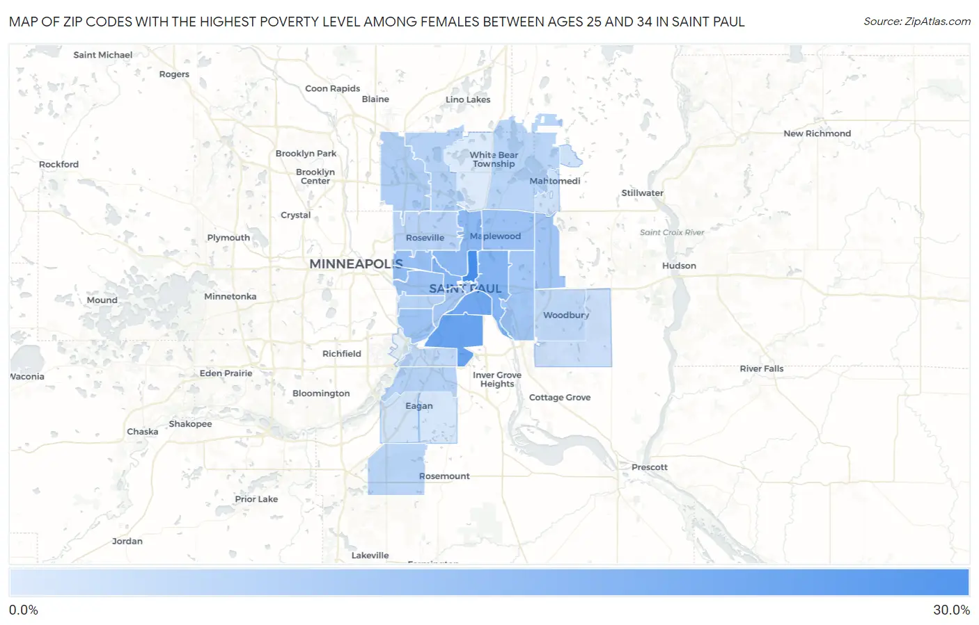 Zip Codes with the Highest Poverty Level Among Females Between Ages 25 and 34 in Saint Paul Map