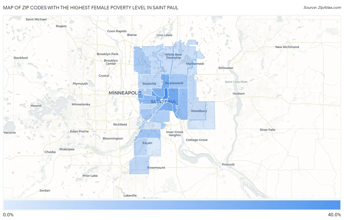 Zip Codes with the Highest Female Poverty Level in Saint Paul Map
