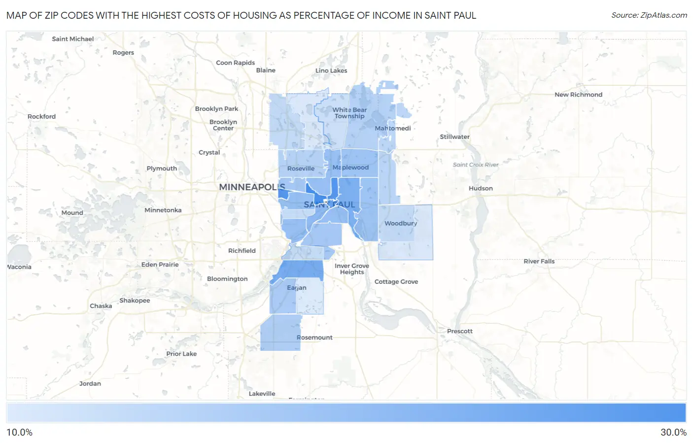 Zip Codes with the Highest Costs of Housing as Percentage of Income in Saint Paul Map