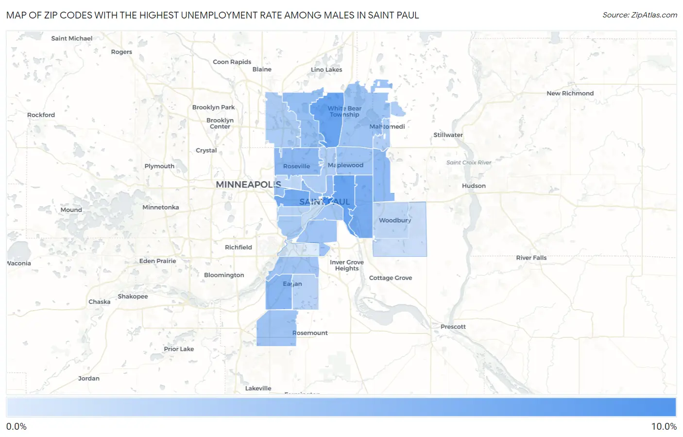 Zip Codes with the Highest Unemployment Rate Among Males in Saint Paul Map