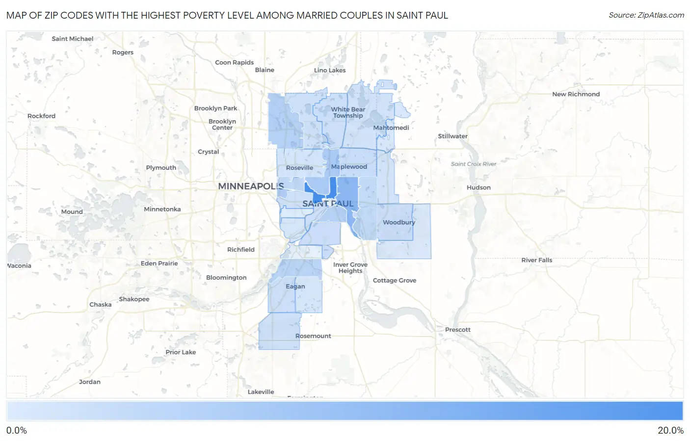 Zip Codes with the Highest Poverty Level Among Married Couples in Saint Paul Map