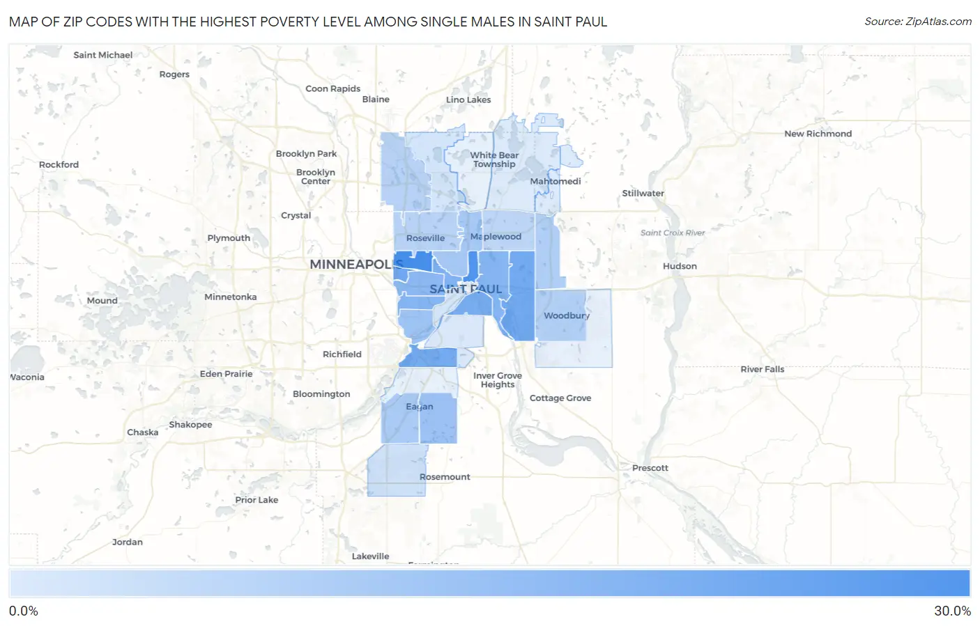 Zip Codes with the Highest Poverty Level Among Single Males in Saint Paul Map