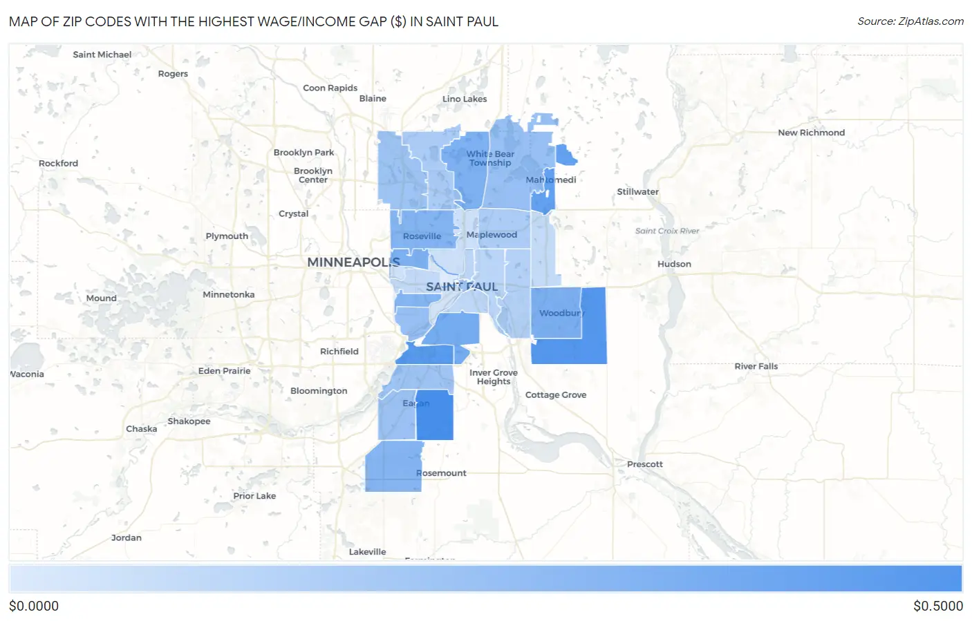 Zip Codes with the Highest Wage/Income Gap ($) in Saint Paul Map
