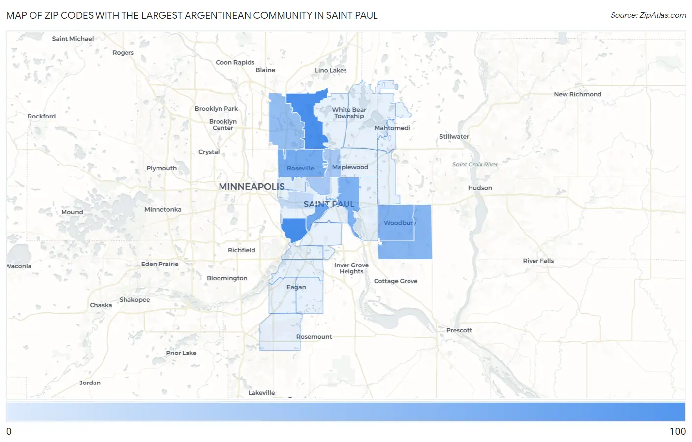 Zip Codes with the Largest Argentinean Community in Saint Paul Map