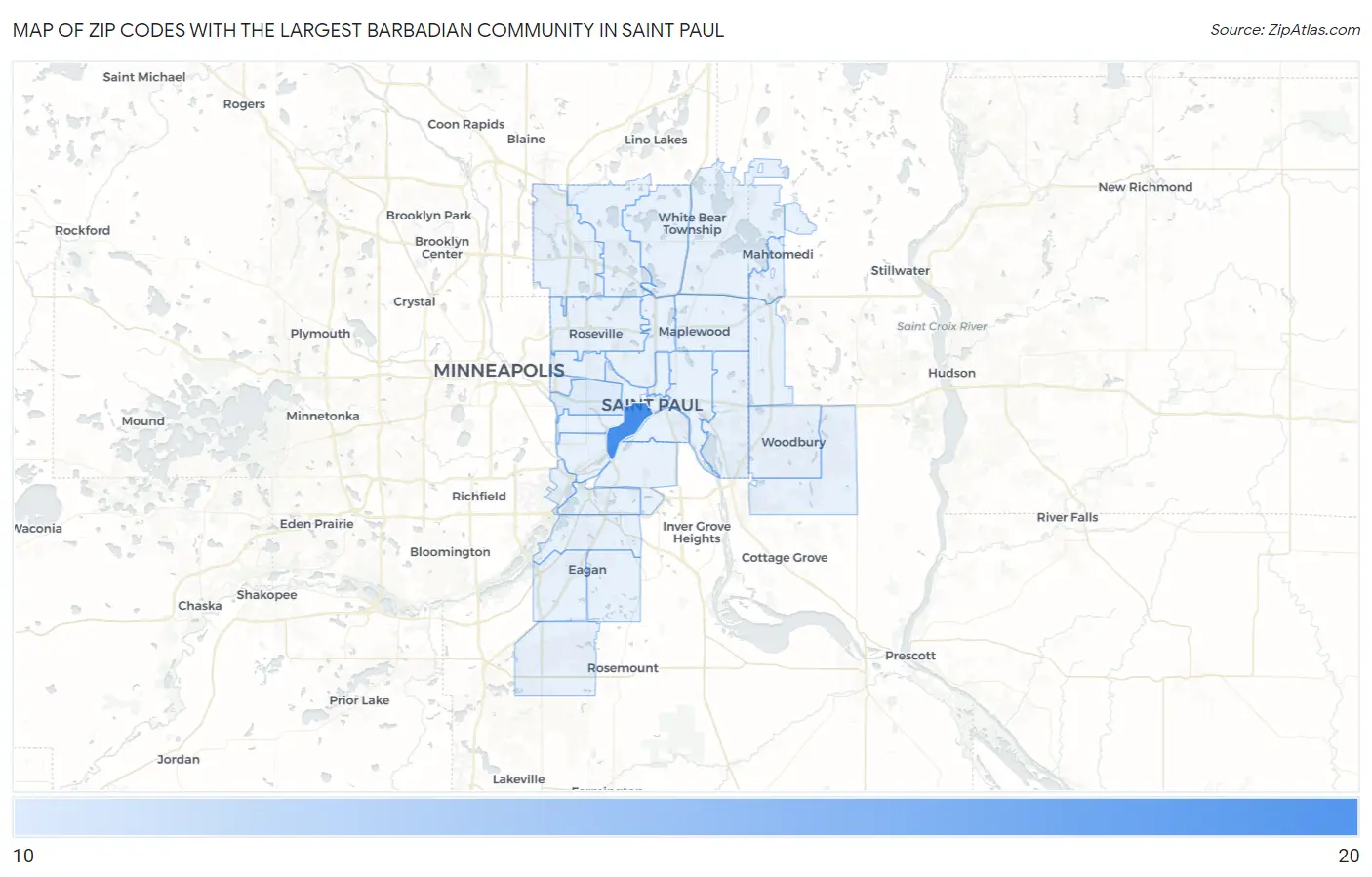 Zip Codes with the Largest Barbadian Community in Saint Paul Map