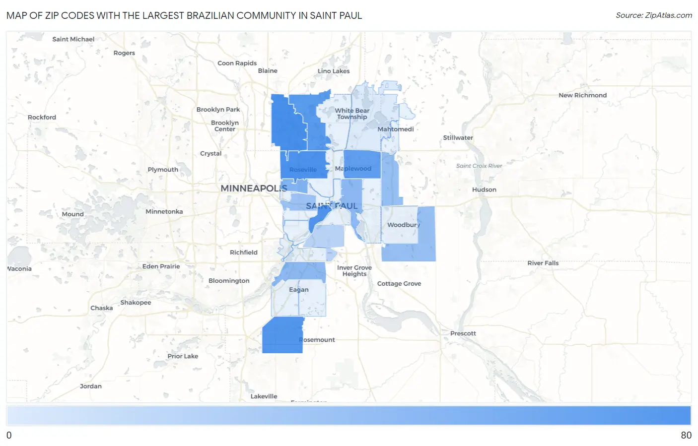 Zip Codes with the Largest Brazilian Community in Saint Paul Map