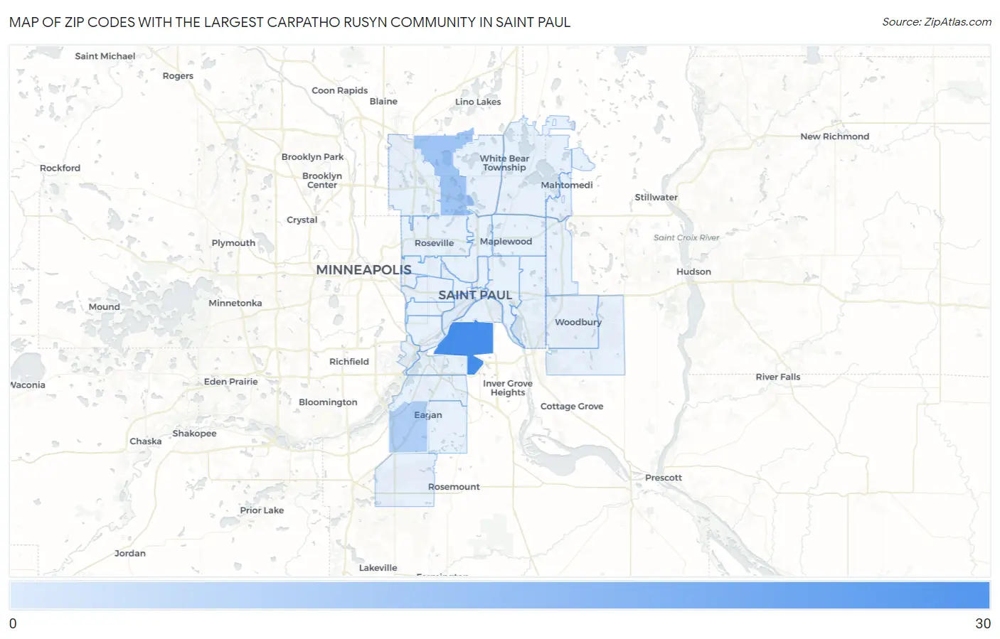 Zip Codes with the Largest Carpatho Rusyn Community in Saint Paul Map