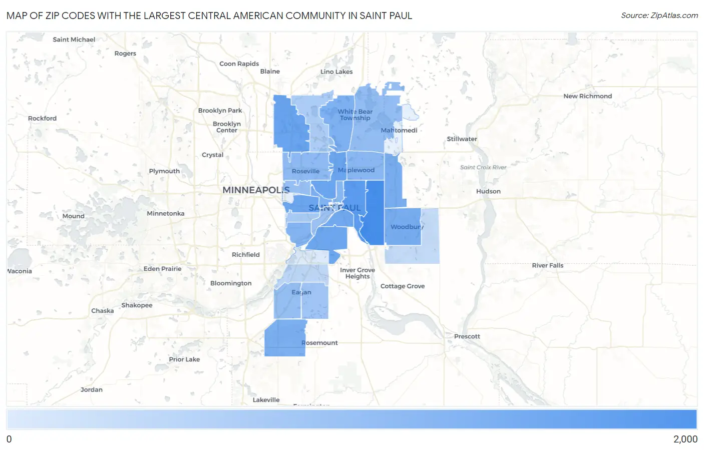 Zip Codes with the Largest Central American Community in Saint Paul Map