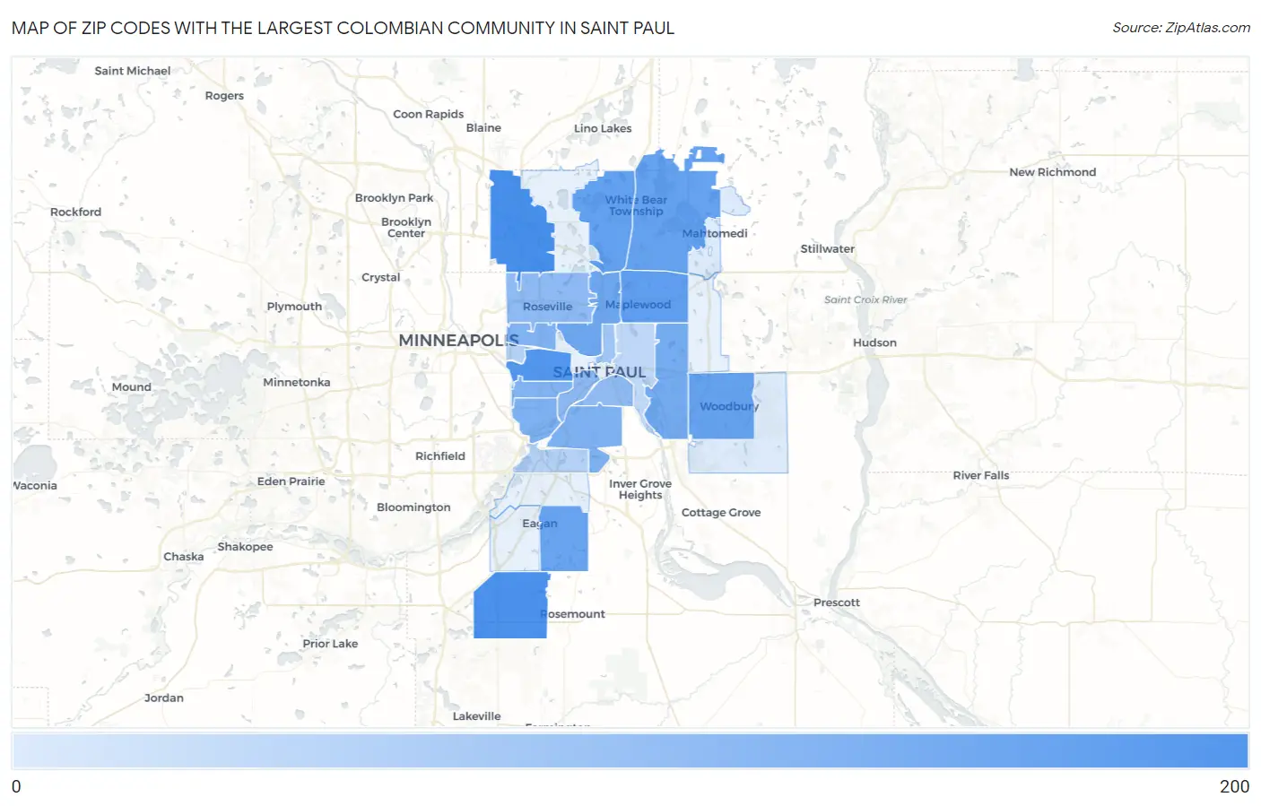 Zip Codes with the Largest Colombian Community in Saint Paul Map