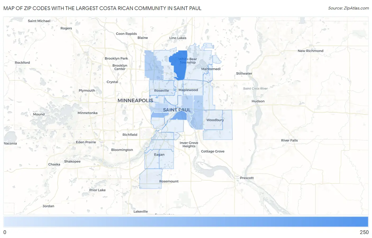 Zip Codes with the Largest Costa Rican Community in Saint Paul Map