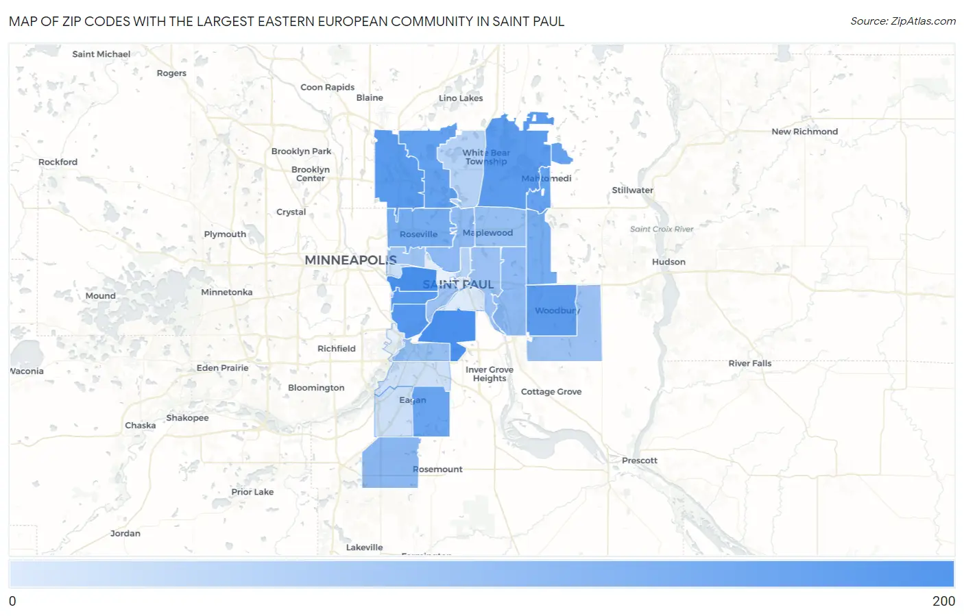 Zip Codes with the Largest Eastern European Community in Saint Paul Map