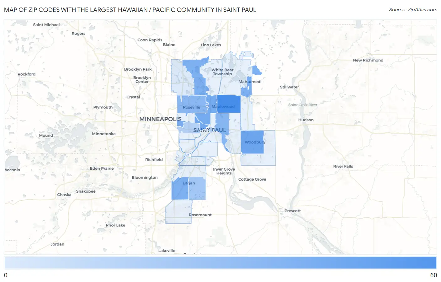 Zip Codes with the Largest Hawaiian / Pacific Community in Saint Paul Map