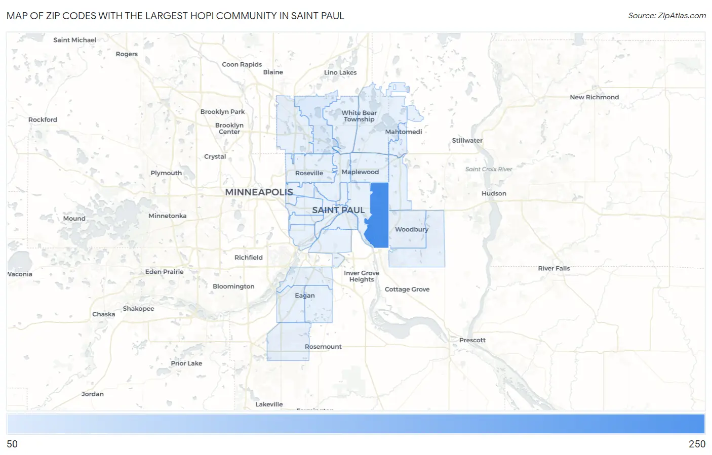 Zip Codes with the Largest Hopi Community in Saint Paul Map