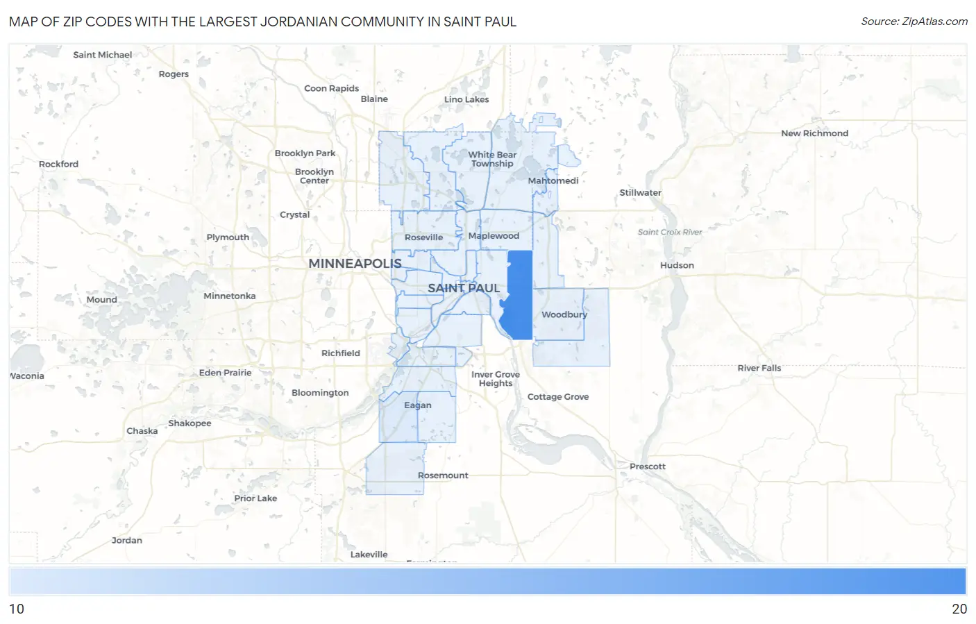 Zip Codes with the Largest Jordanian Community in Saint Paul Map