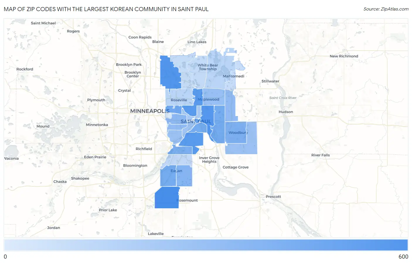 Zip Codes with the Largest Korean Community in Saint Paul Map