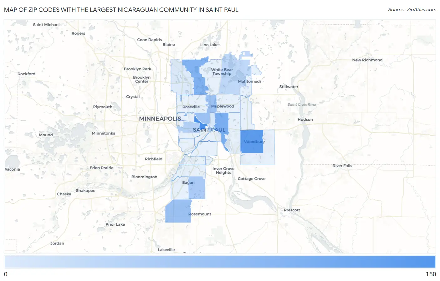 Zip Codes with the Largest Nicaraguan Community in Saint Paul Map