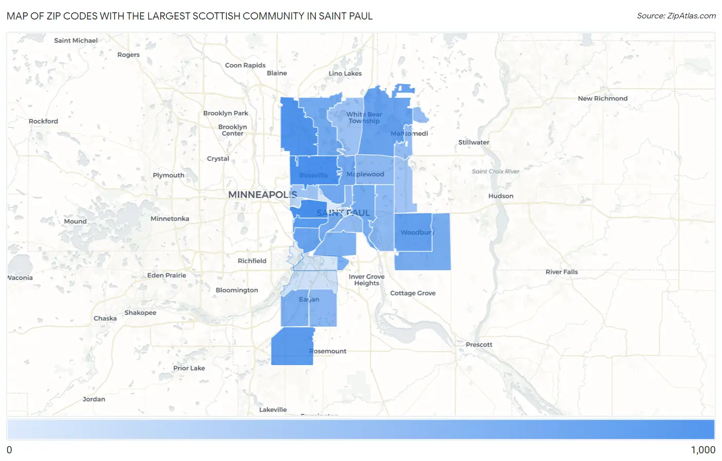 Zip Codes with the Largest Scottish Community in Saint Paul Map