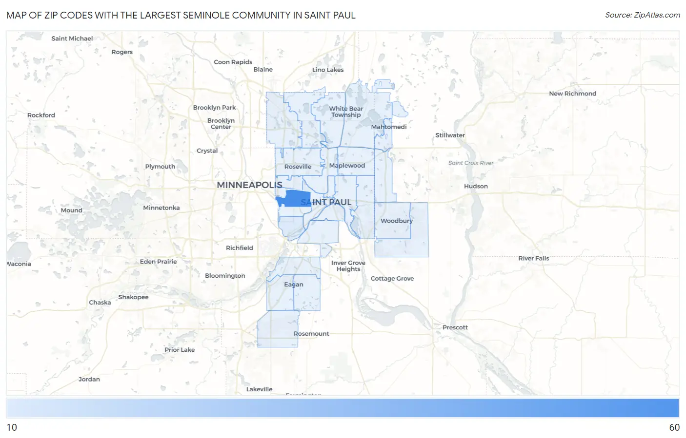 Zip Codes with the Largest Seminole Community in Saint Paul Map