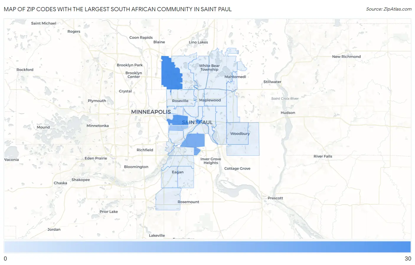 Zip Codes with the Largest South African Community in Saint Paul Map