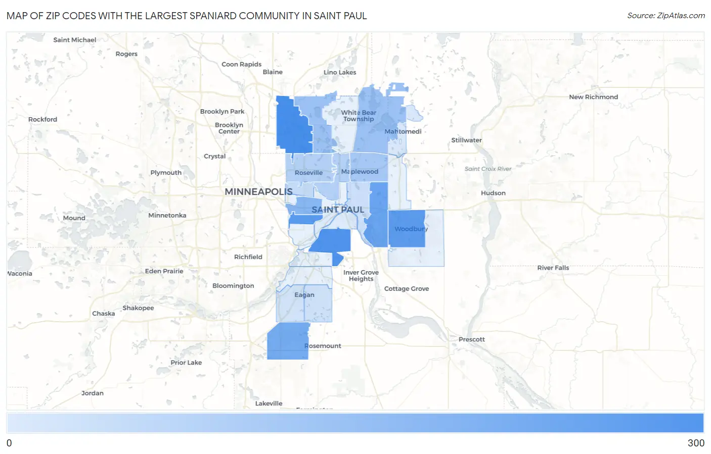 Zip Codes with the Largest Spaniard Community in Saint Paul Map