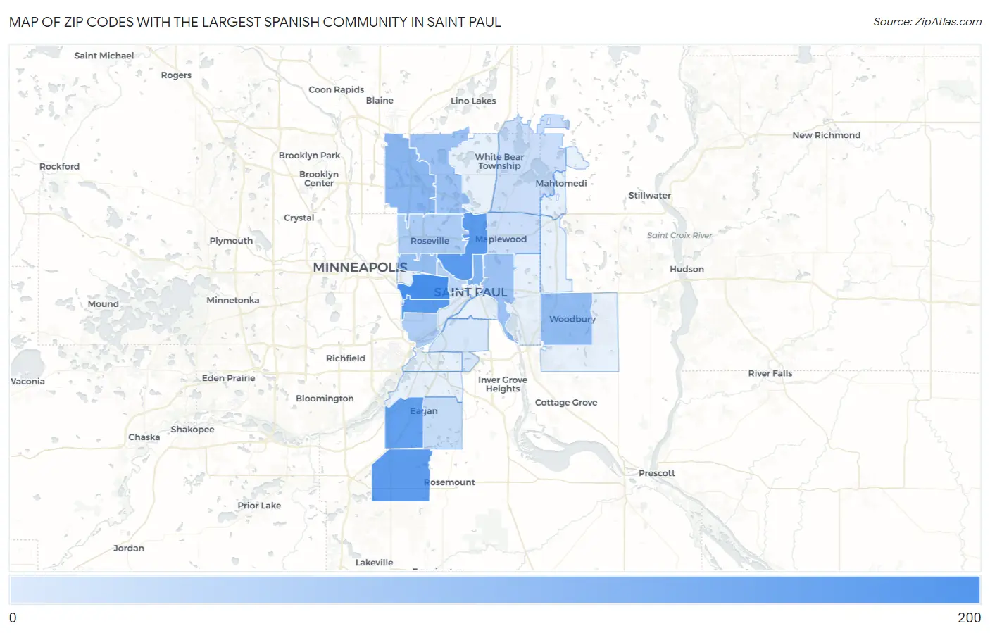 Zip Codes with the Largest Spanish Community in Saint Paul Map