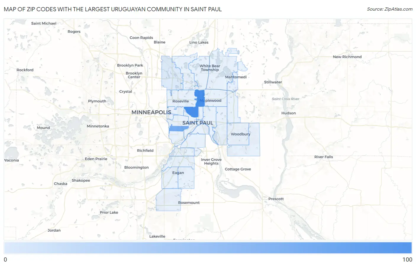 Zip Codes with the Largest Uruguayan Community in Saint Paul Map