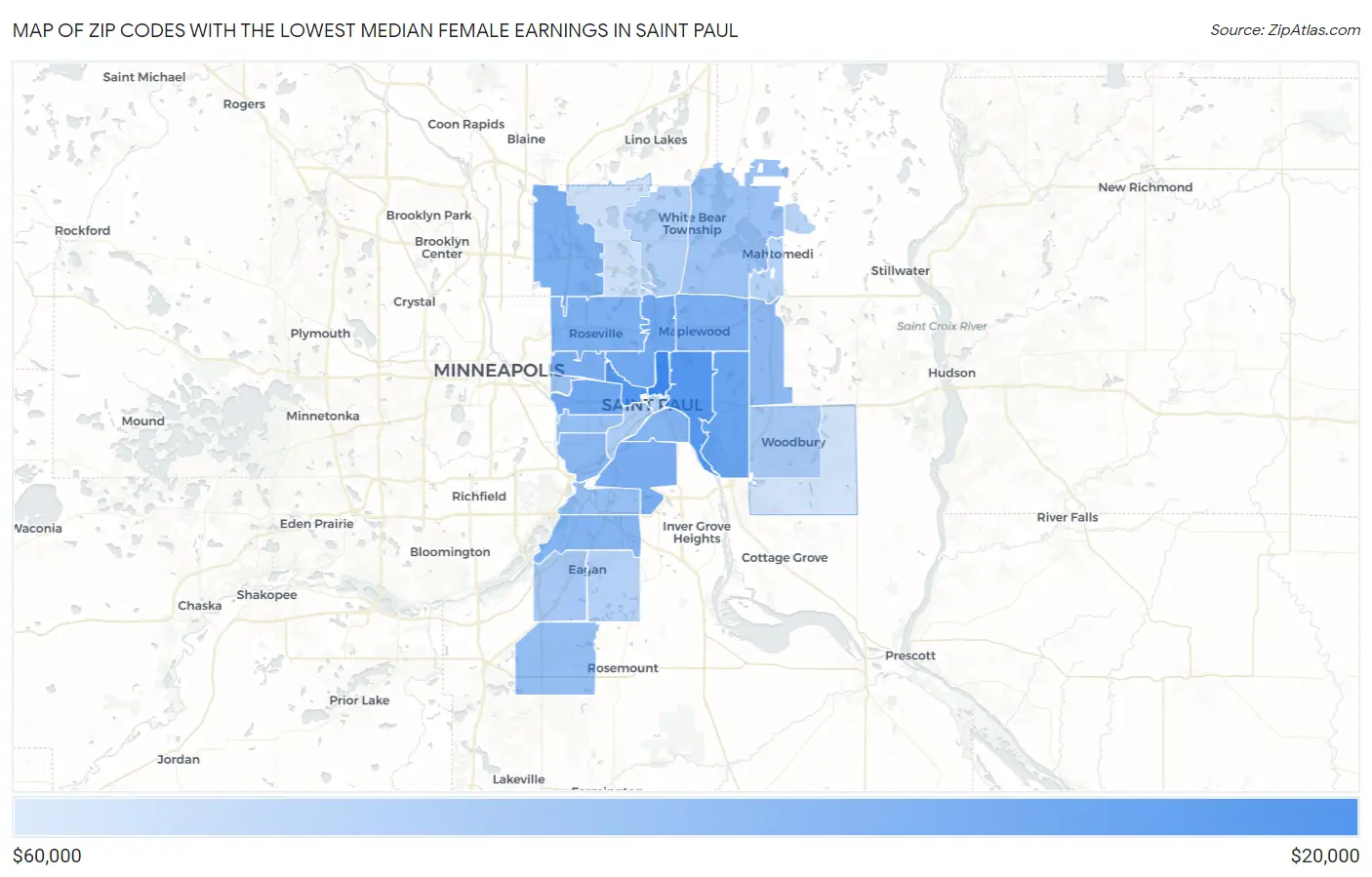Zip Codes with the Lowest Median Female Earnings in Saint Paul Map