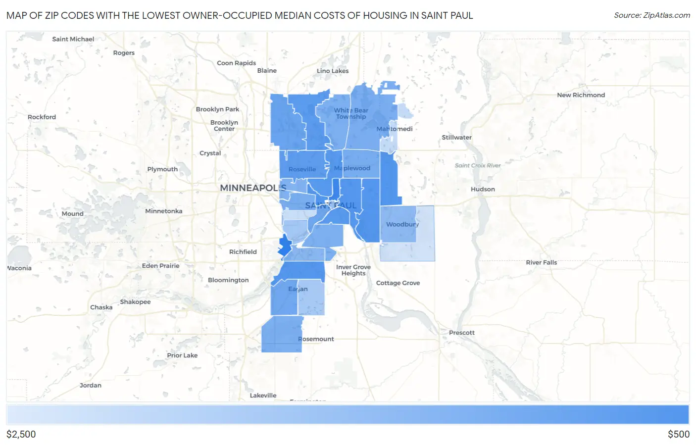 Zip Codes with the Lowest Owner-Occupied Median Costs of Housing in Saint Paul Map