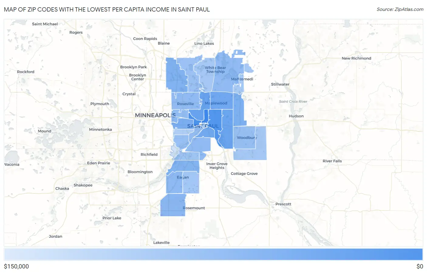 Zip Codes with the Lowest Per Capita Income in Saint Paul Map