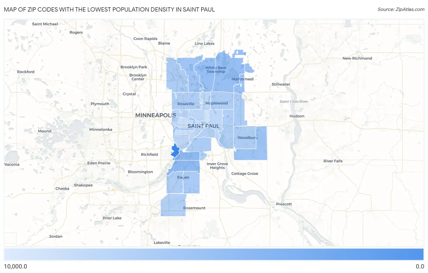 Zip Codes with the Lowest Population Density in Saint Paul Map