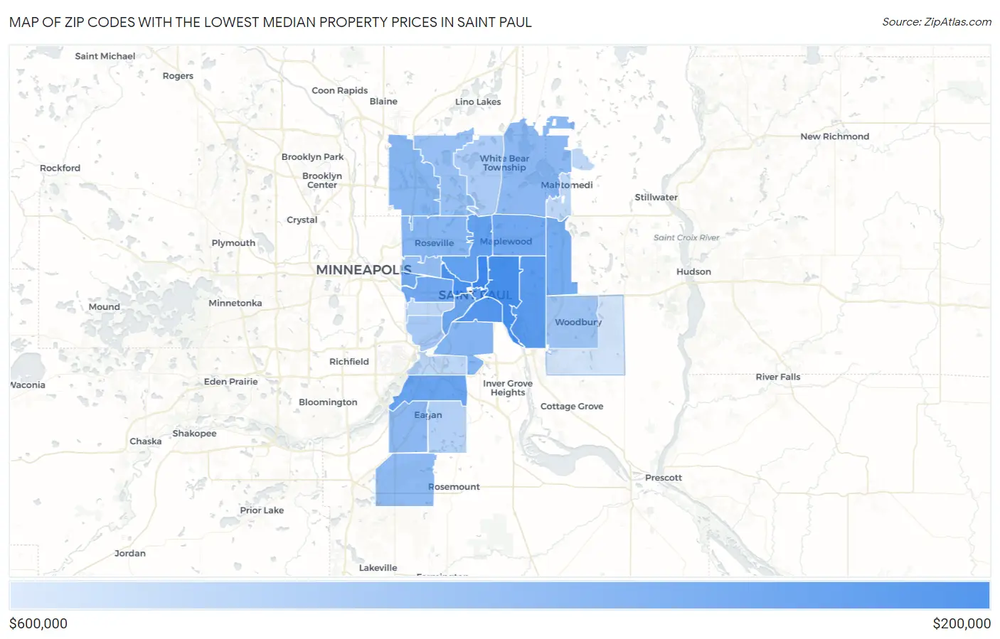 Zip Codes with the Lowest Median Property Prices in Saint Paul Map