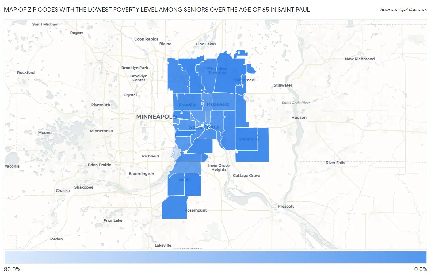 Zip Codes with the Lowest Poverty Level Among Seniors Over the Age of 65 in Saint Paul Map