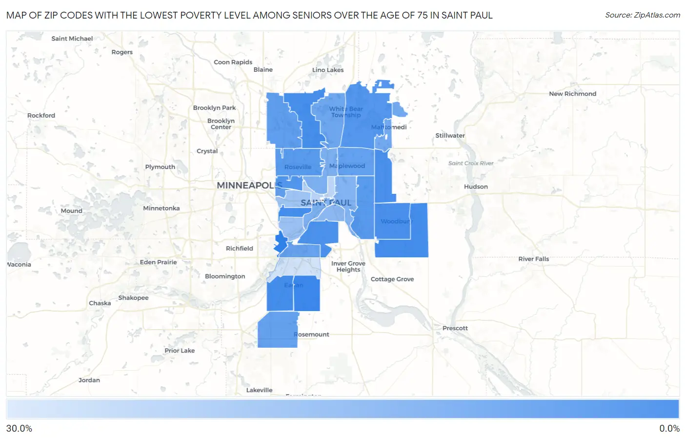 Zip Codes with the Lowest Poverty Level Among Seniors Over the Age of 75 in Saint Paul Map