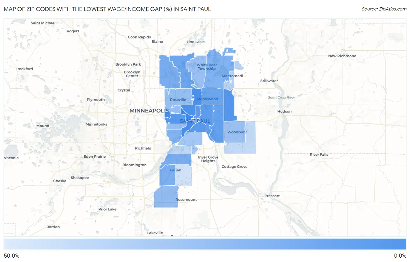 Zip Codes with the Lowest Wage/Income Gap (%) in Saint Paul Map